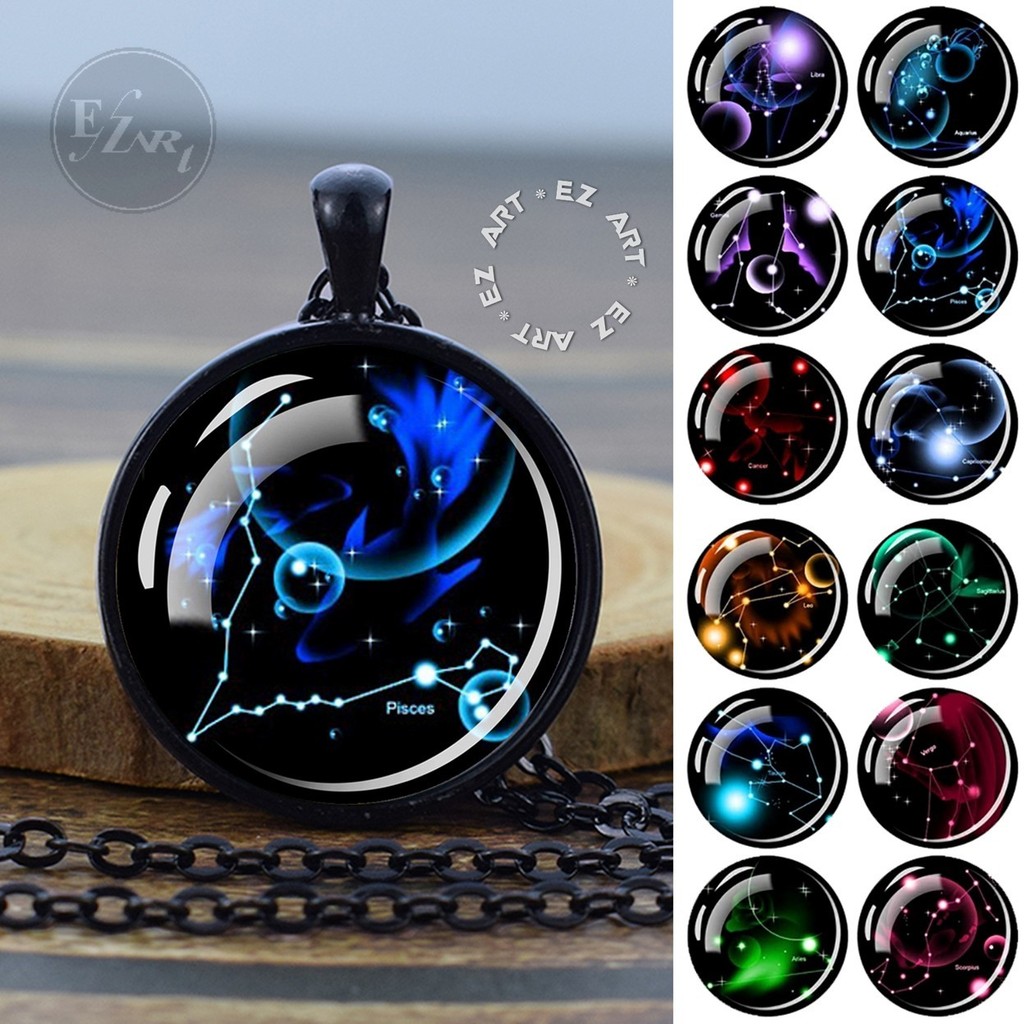Kalung Fashion Liontin Bulat Gambar Zodiak Galaxy Kaca Cembung Rantai Hitam Pria Wanita Konstelasi H