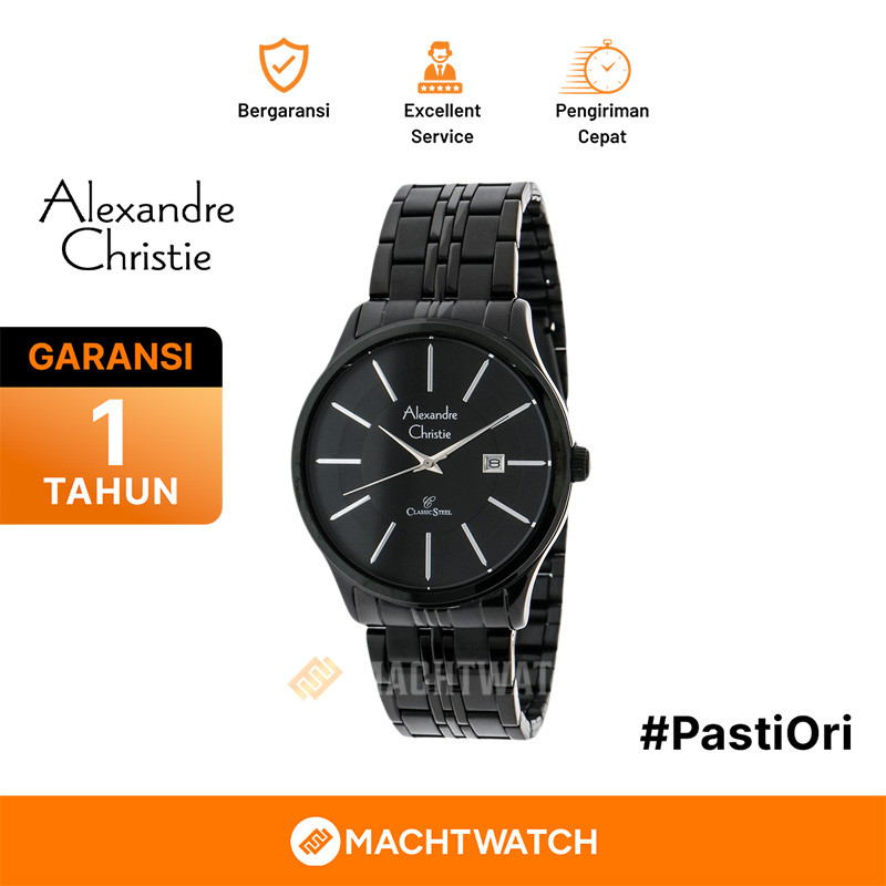 Jam Tangan Pria Alexandre Christie Classic Steel AC 8348 MD BIPBA Black Dial Stainless Steel Strap