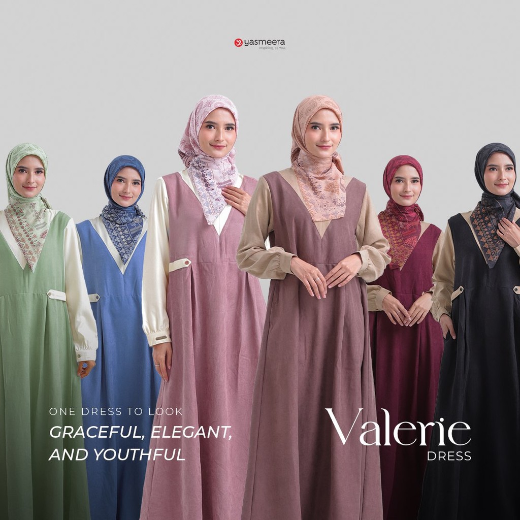 Yasmeera Valerie Dress Gamis Remaja Simpel Elegan Warna Black Maroon Blue Green Rose Variasi Scoder