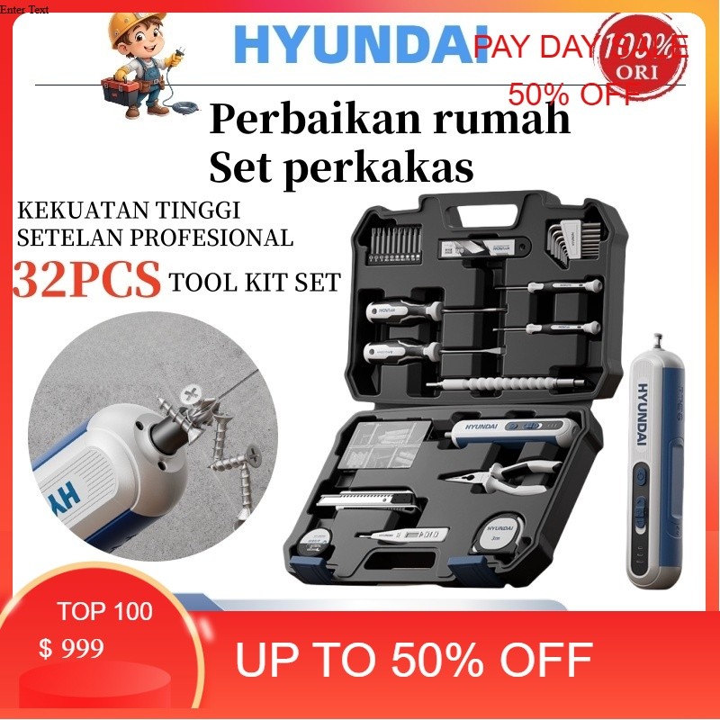 HYUNDAI Mesin Bor Listrik Set Lengkap Baterai Cordless Alat Tukang Tool Kit Obeng Palu Pita Pengukur