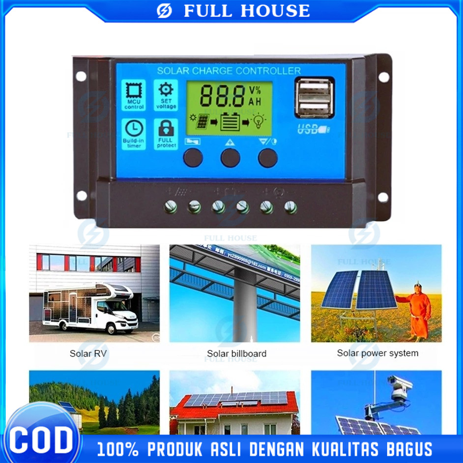 Full House Solar Charge Controller LCD LED Display Solar Cell PWM 10A 20A 30A USB Panel Tenaga LCD K