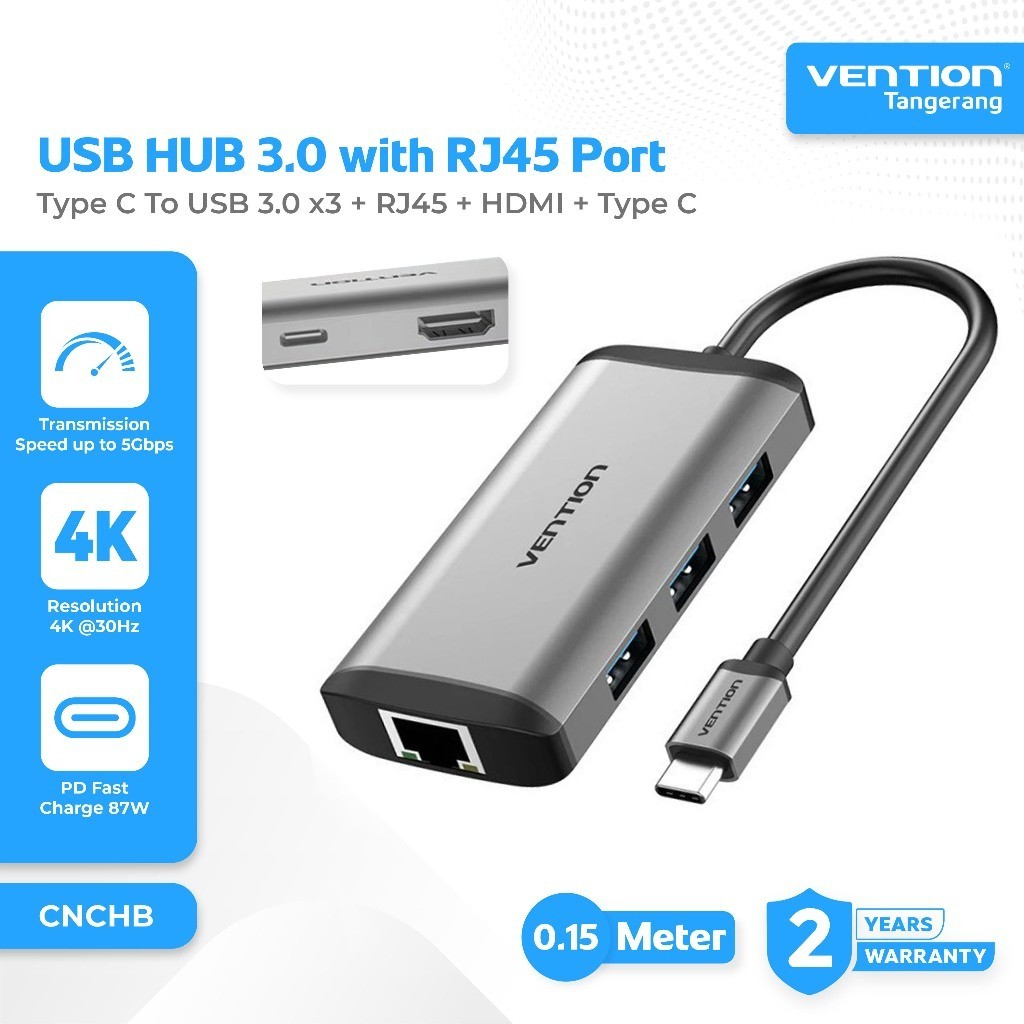 VENTION CNCHB HUB Type C Male Thunderbolt 3.0 to RJ45 LAN Port HDMI 4K 30Hz 3x USB 3.0 PD 87W Female