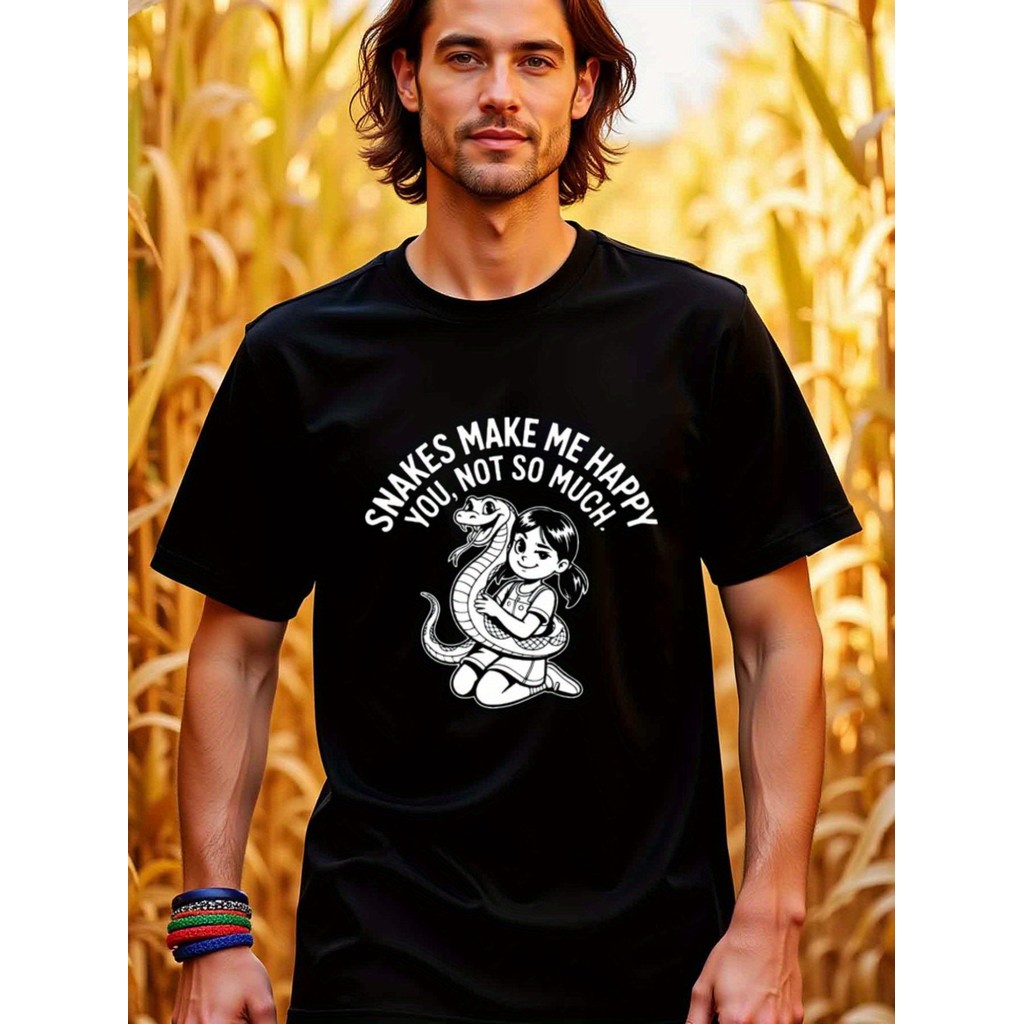 Kaos Pria Gambar Ular Lucu - Tulisan "Ular Membuatku Bahagia, Kamu Tidak" - Lengan Pendek O-Neck Hit