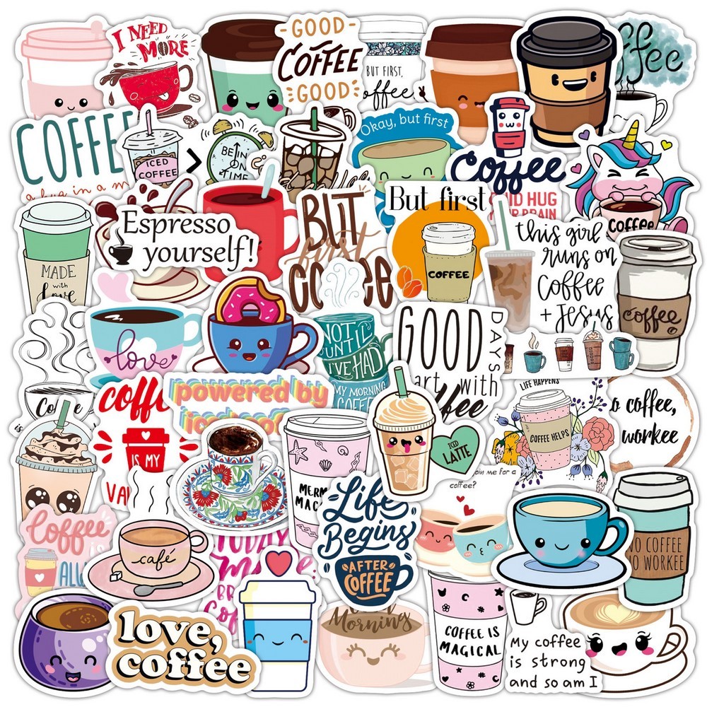 

50pcs Cartoon Coffee Stickers Espresso Latte Mocha Lovely Cute Sticker DIY Laptop Vinyl Decals for Girl Kids Gift Toy Waterproof