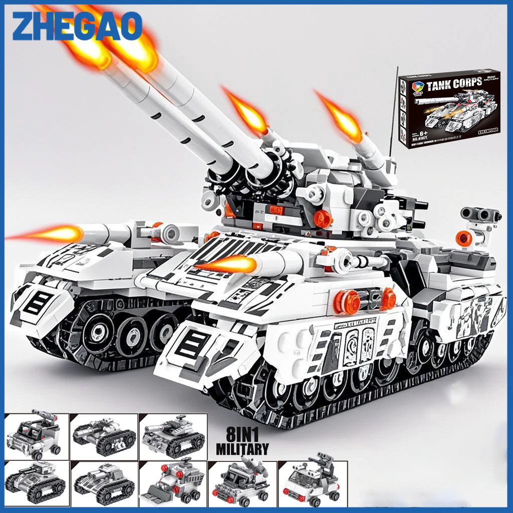 ZHEGAO 1032Pcs Brick Tank Tempur Militer Model Block Brick Partikel Besar Mainan Tank Anak Laki laki