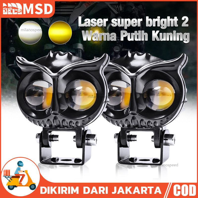 Lampu Tembak D2 Owl LED Laser 2 Warna Putih Kuning, Lampu Sorot Touring Motor Mobil, Jarak Sorot Jau