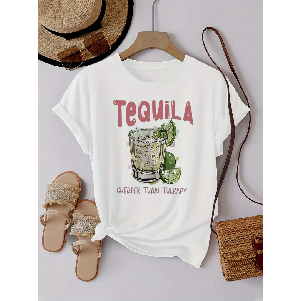 Kaos Grafis Wanita Lucu "Tequila Lebih Murah Dari" - Putih Santai Lengan Pendek Leher Bulat Ringan A