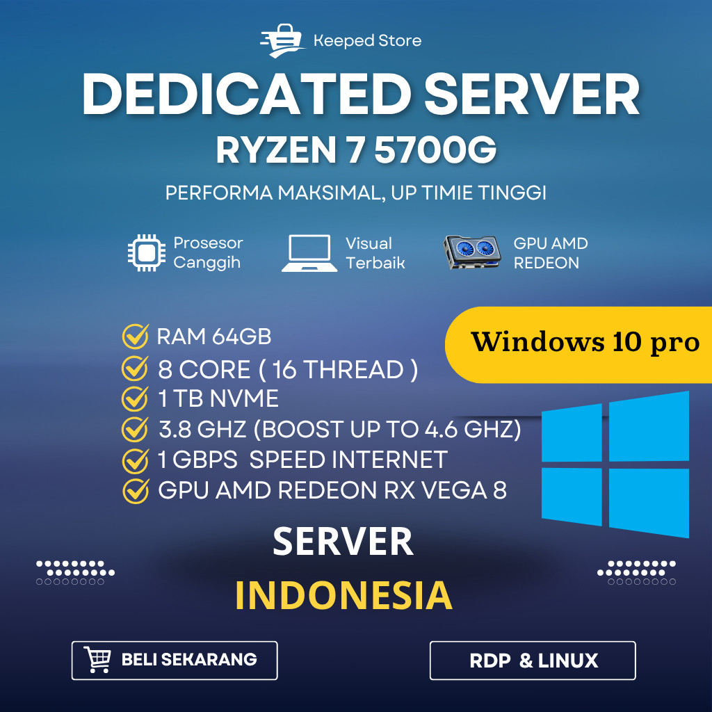 RDP Ryzen 7 5700G Server Indonesia 64GB 1TB NVMe