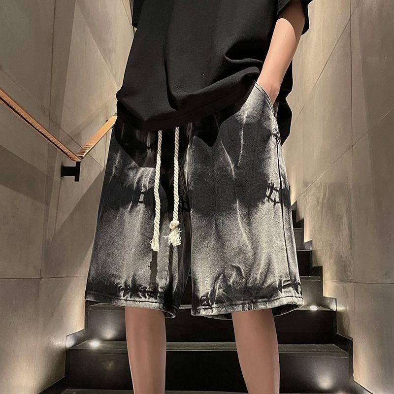 Celana jeans yang dicelup dan dicelup untuk pria, celana panjang yang longgar dan serbaguna untuk pr