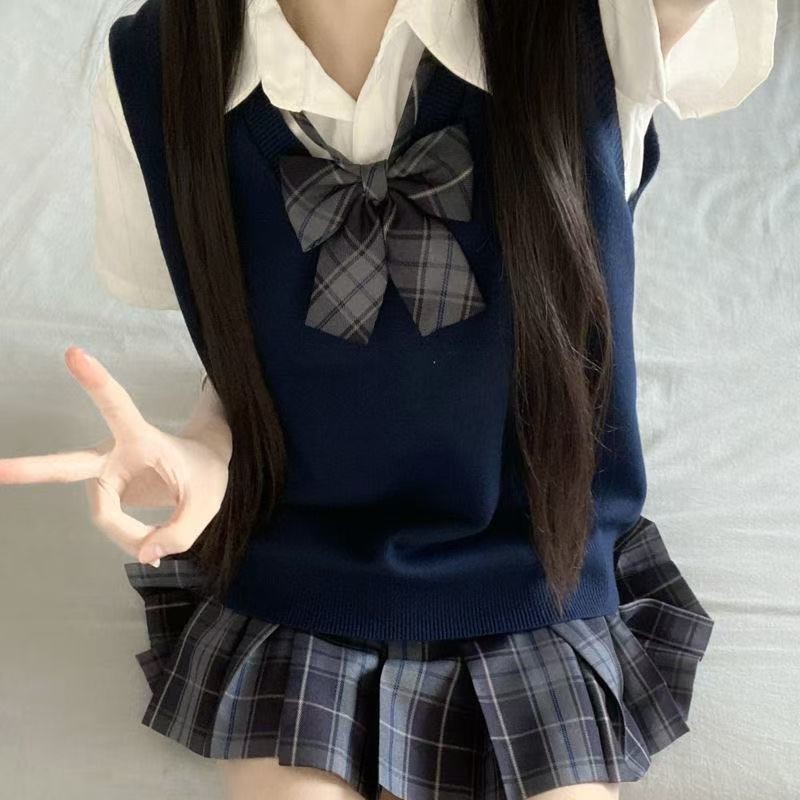 Asli JK Sweater Set Kemeja rajutan V-collar overhead lengan kepala sekolah jaket angin akademi