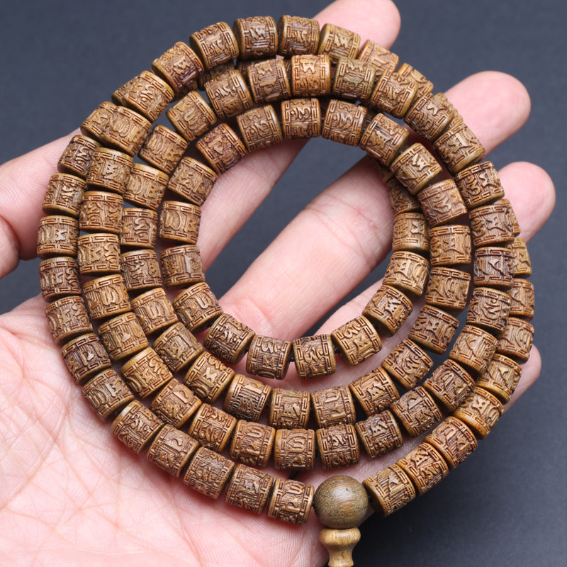 Sandalwood Tibetan Buddhist Prayer Wheel Type Bracelet 8mmx8mm Tibetan Six-Character Mantra Rosary W