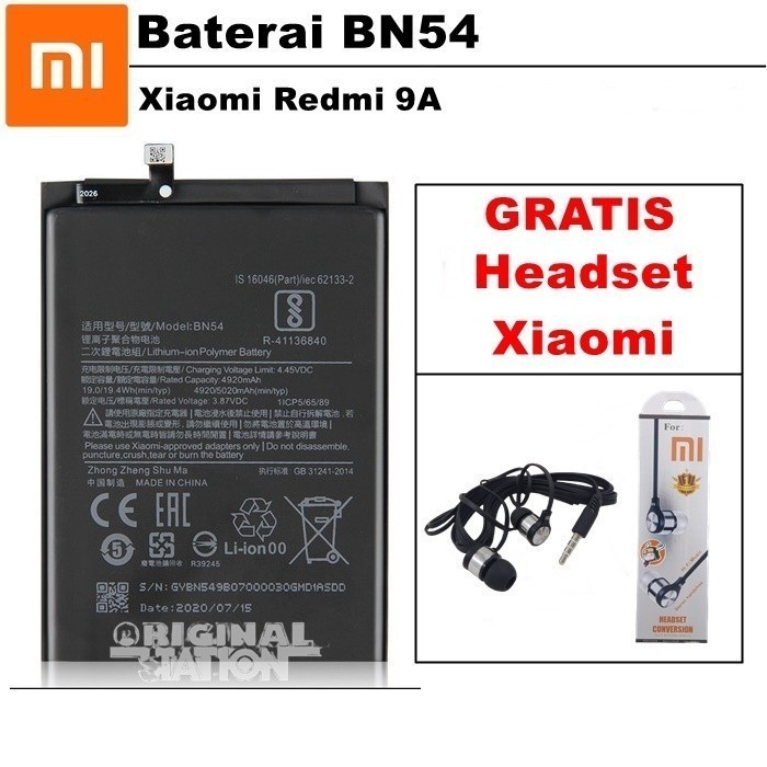 Baterai Xiaomi  BN54 Battery Xiaomi Redmi 9A (5020 mAh) Oryginal GRATIS Headset Hifi Xiaomi Nathansh