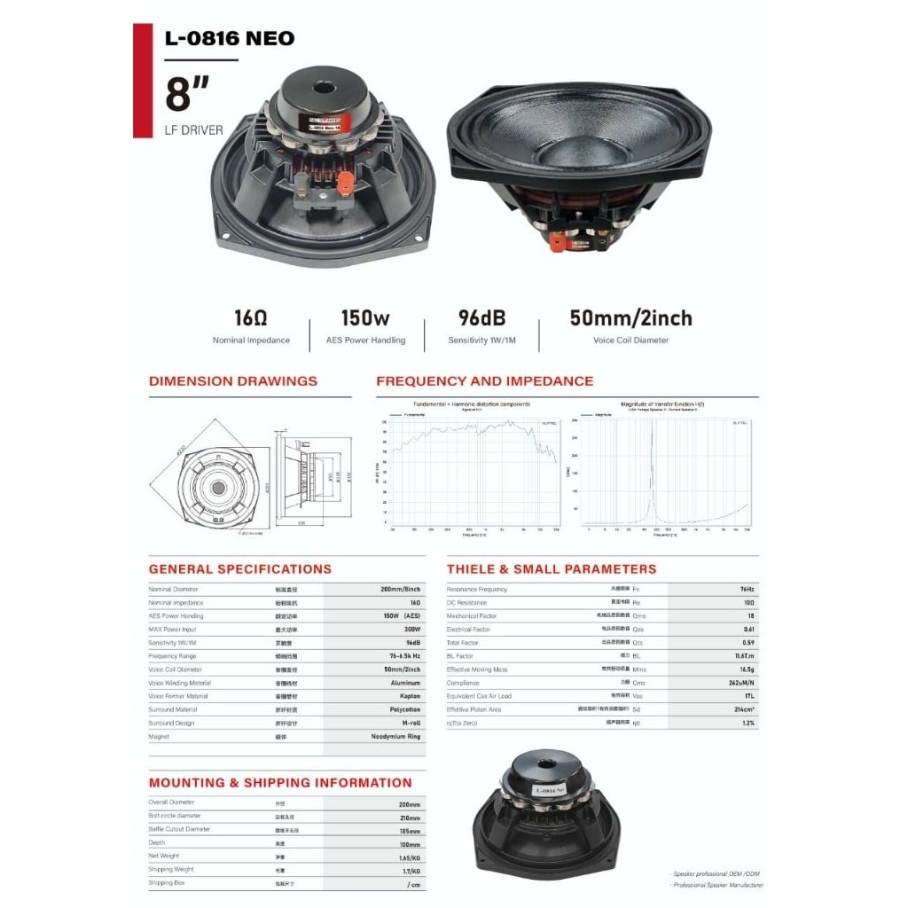 Speaker Component B&C L-0816 NEO-16 Speaker Component B&C 8 Inch 0816 Neo