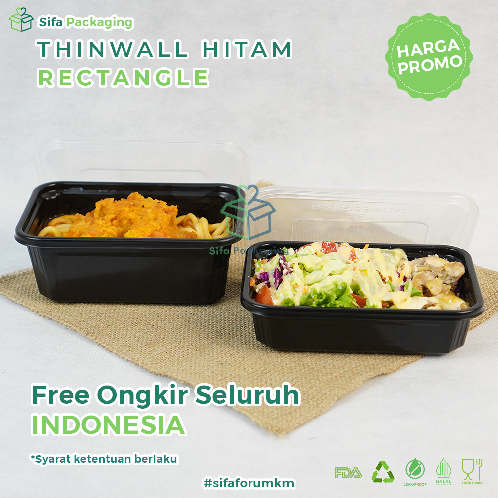 Thinwall Persegi Panjang HItam + Tutup 500ml 750ml 1000ml Persegi Kotak Makanan Wadah Plastik Thinwa