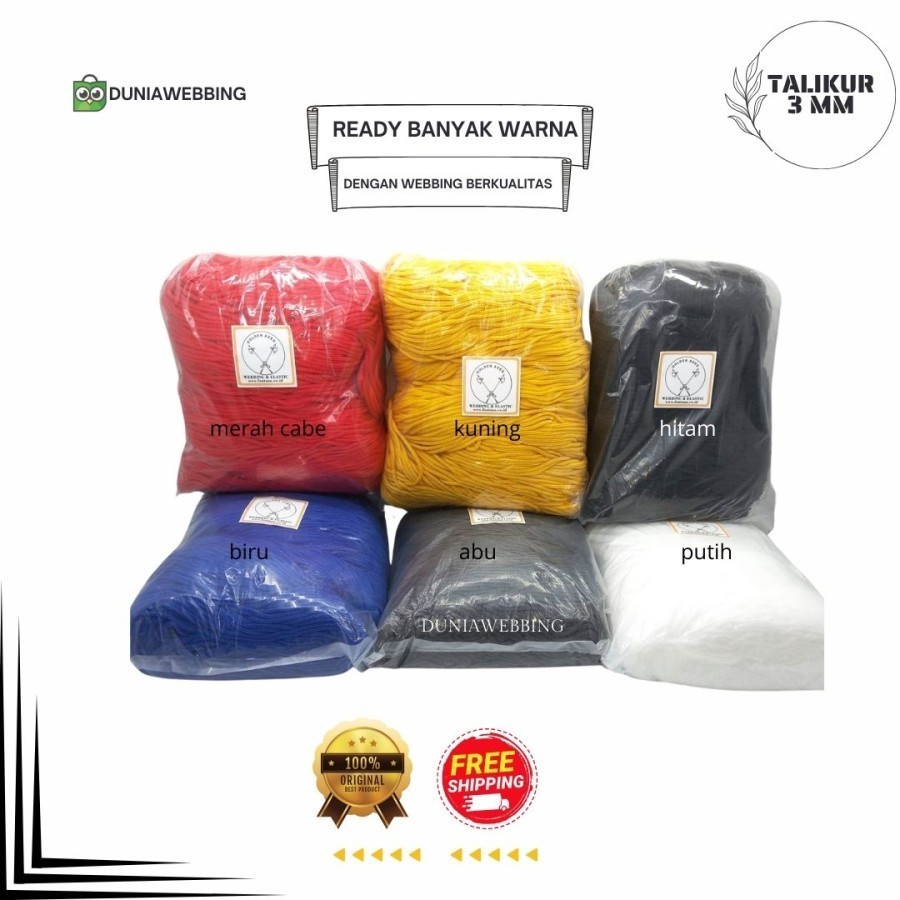 

Tali Kur 3 mm isi 900 gram/pack | Talikur Tali Koor Warna Warni