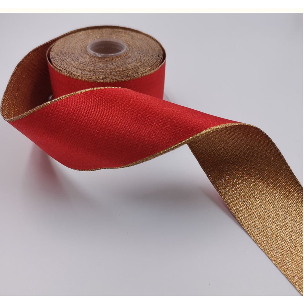 

38MM 10yards Wired Edge Classical Red Gold Reversible Satin Ribbon for Festival Christmas Decoration New Year Gift Wrapping
