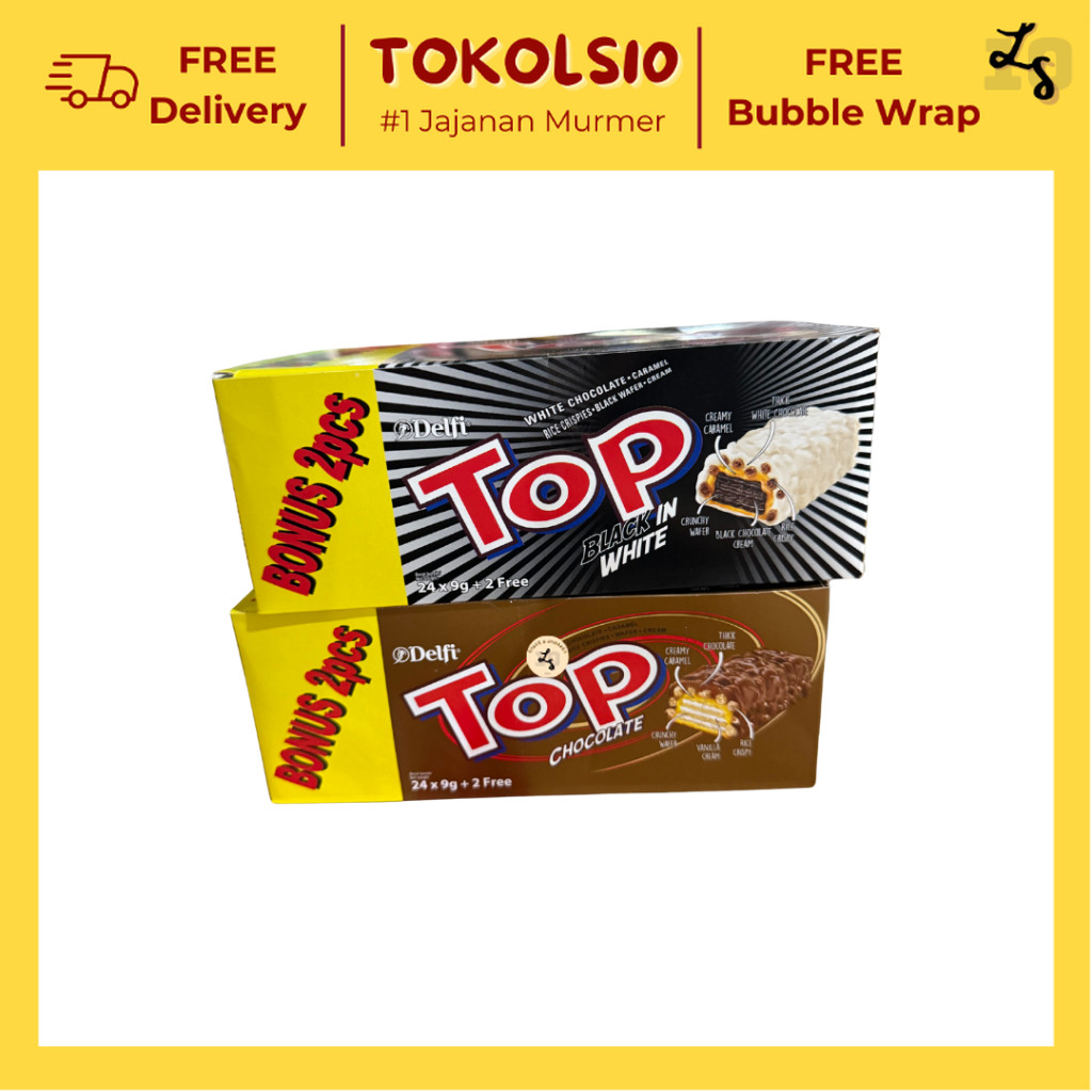 

[5 BOX LEBIH HEMAT] Delfi Top Wafer Rasa Black in White/Cokelat/Stroberi isi 24+2 pcs x 9gr