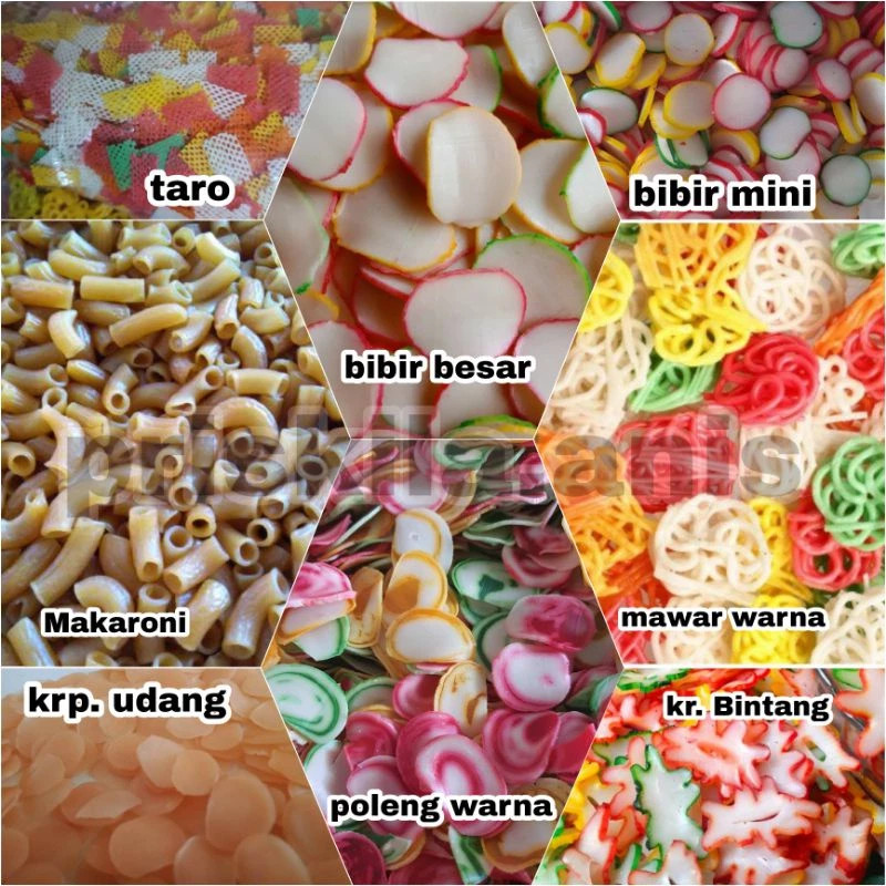

Kerupuk Mentah Krupuk Seblak mentah kemasan 250gr Warna pelangi mawar topping Aneka makaroni tersanjung udang bawang mini toping baso aci
