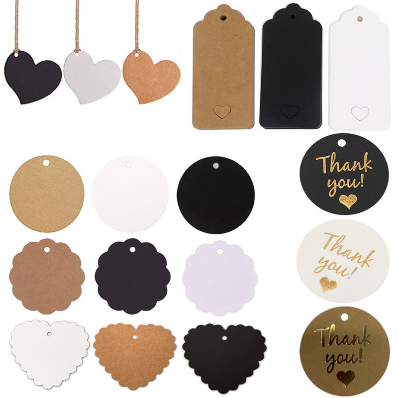 

100pc+20m hemp rope gilding thank you for hanging tag cowhide black and white cardboard blank handmade DIY heart circle label