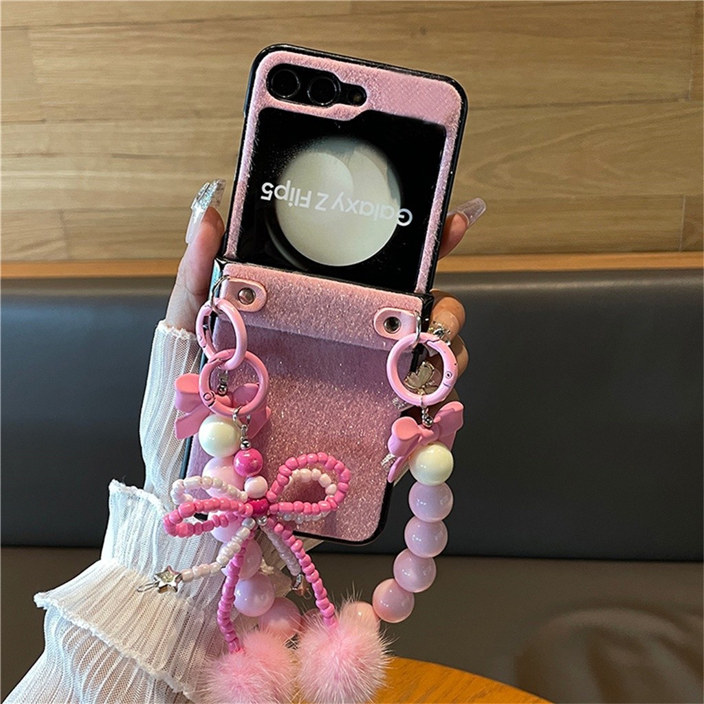 Cute Korea 3D Bow Pendant Fluffy Plush Fleece Case dengan Bead Chain untuk Samsung Z Flip5 5G Z Flip