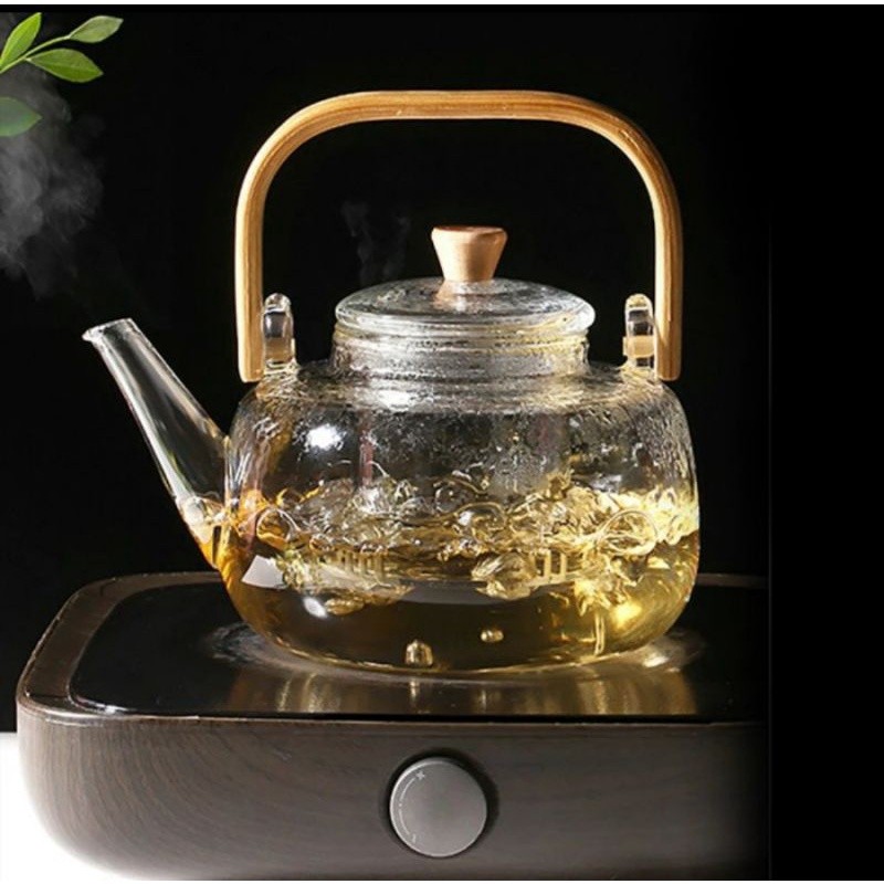 Pitcher Teko kaca tahan panas gagang kayu glass teapot japanese style /  teko teh penyaring kaca