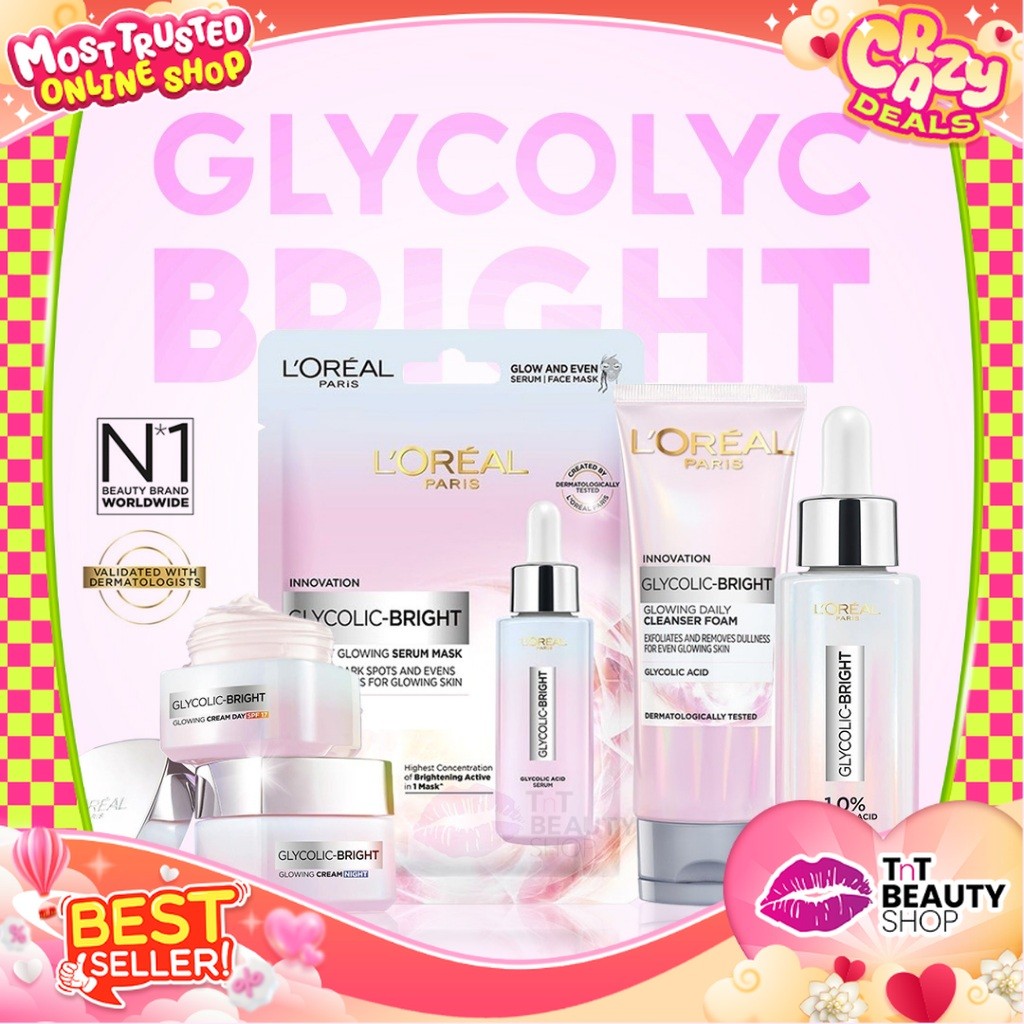 L'Oreal Paris Glycolic Bright Glowing SERIES Day Night Cream Facial Wash Serum Face Mask Skincare Gl