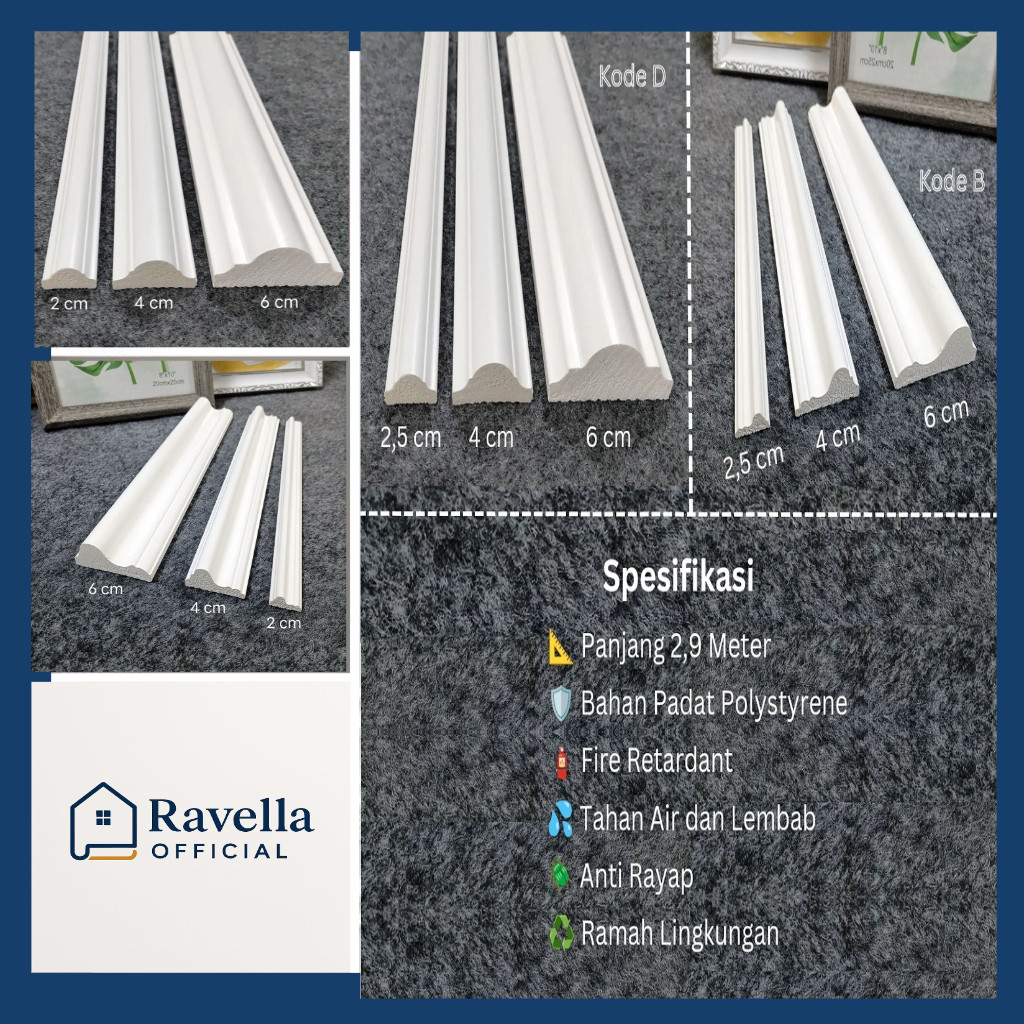 Wall Moulding Polystyrene PVC List Border Molding Anti Rayap Dan Anti Air Warna Putih Wainscoating B