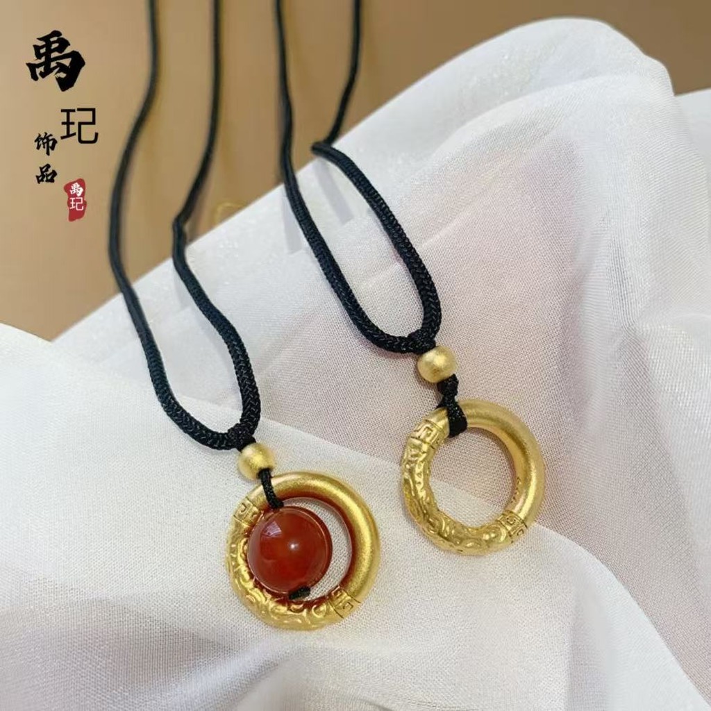 Liontin kacang akasia emas pasir kuno, cincin pengaman awan keberuntungan berlapis tembaga, penjuala