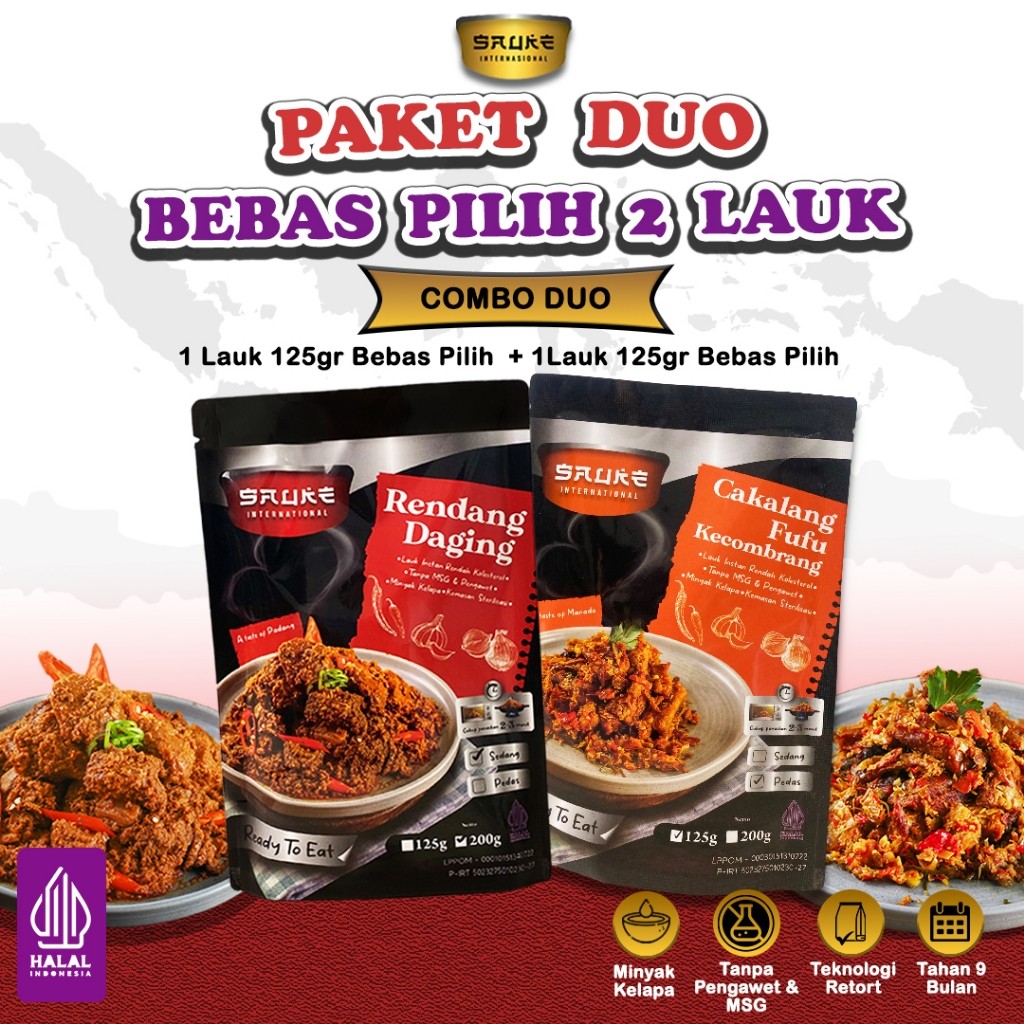 

SAUKE Paket Duo Bebas Pilih Lauk Dendeng Balado/Paru Balado/Rendang/Cakalang Fufu Kecombrang/Ayam Sisit Bali Kecombrang/Baby Cumi Sambal Pete Lauk Siap Saji Ready To Eat