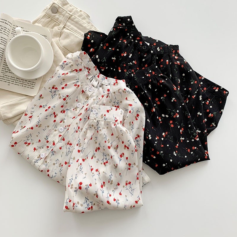 Kemeja blus wanita lengan panjang, gaya Korea longgar sifon Motif bunga kemeja wanita