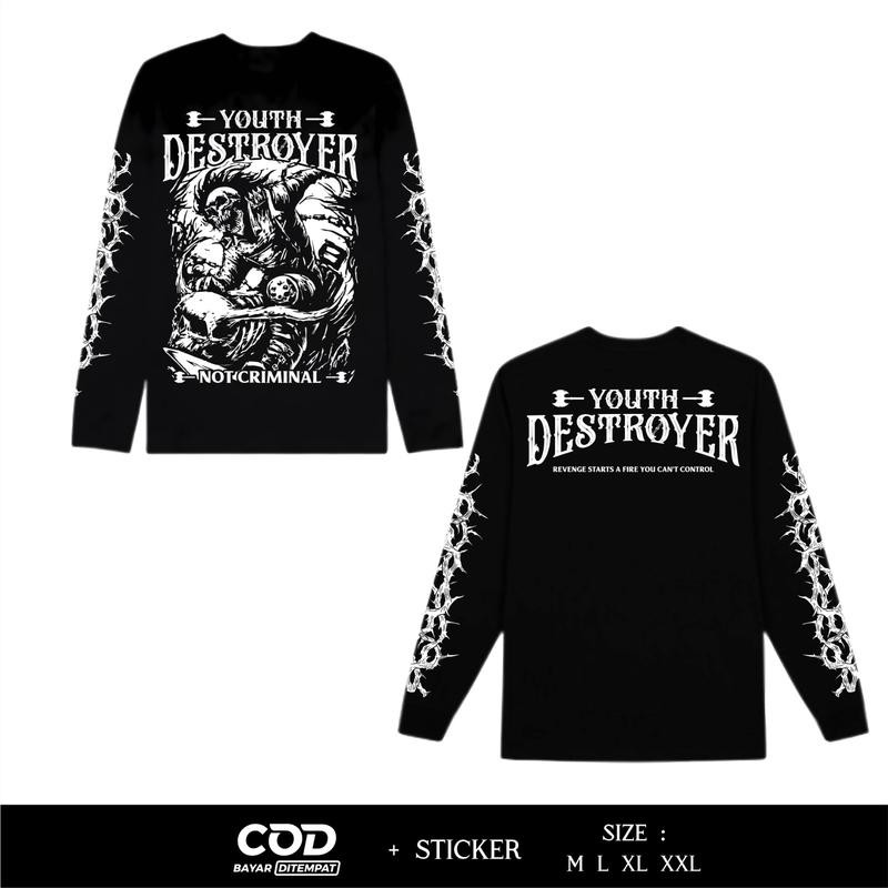 Baju Kaos Longsleeve  Netral Desain Terbaru Youth Destroyer Not Criminal Model Casual Distro Lengan 