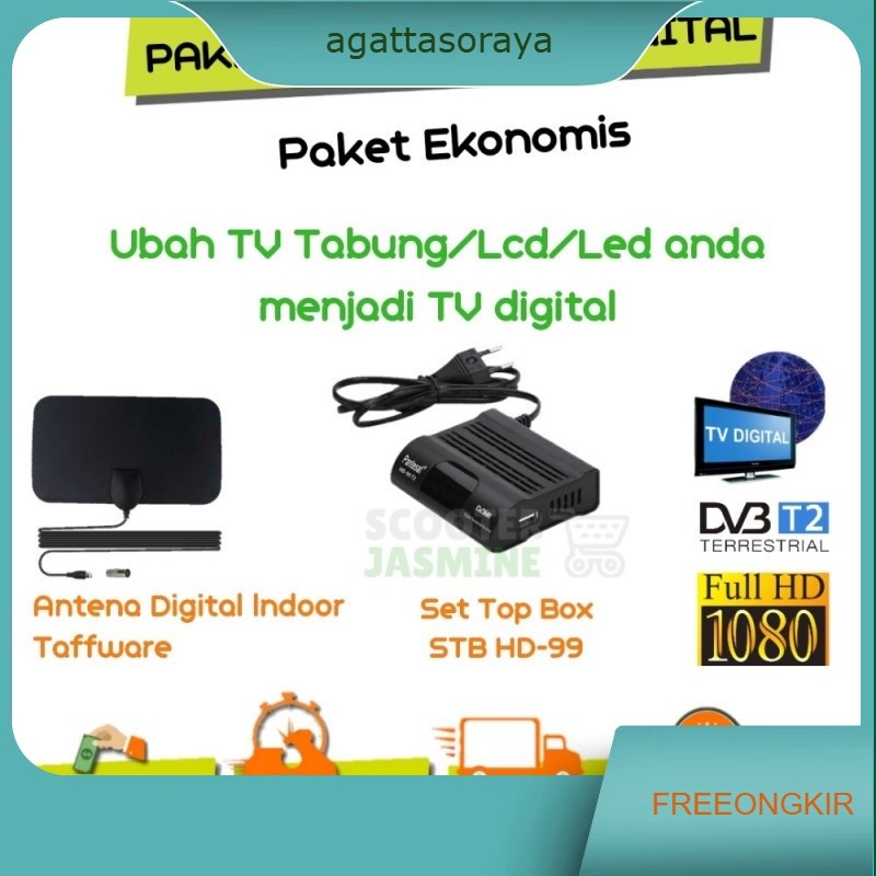 SET TOP BOX PAKET KONVERSI SIARAN TV ANALOG KE TV DIGITAL RECEIVER STB DVB T2 PLUS ANTENA DIGITAL