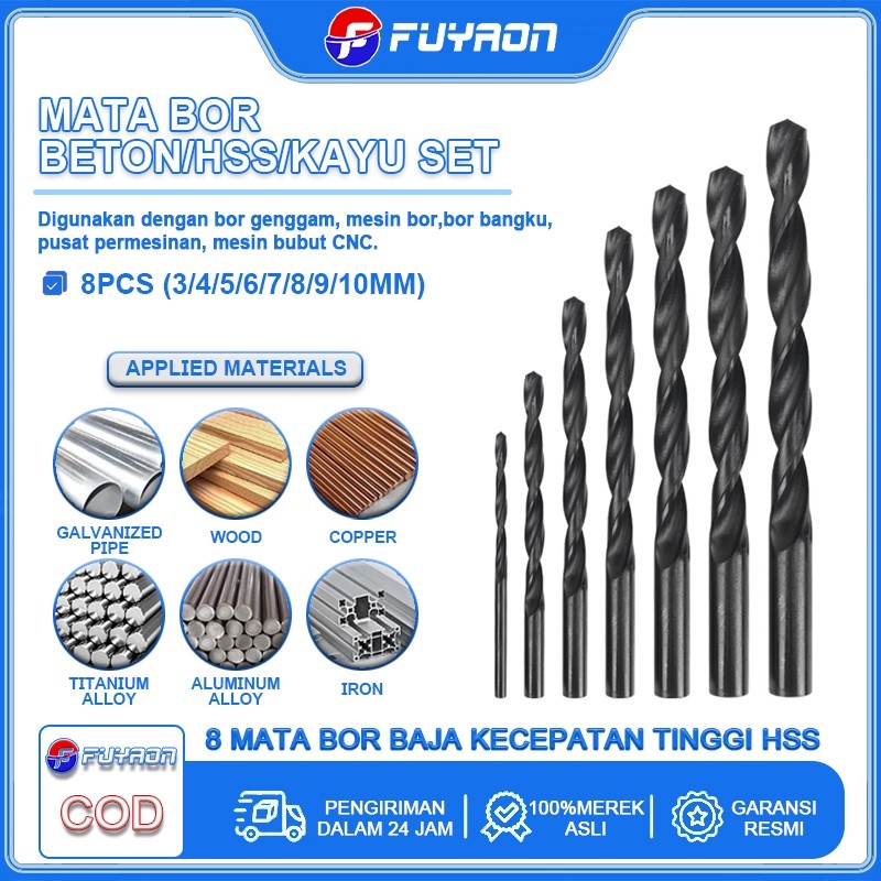 FUYAON Set mata bor 8 buah Mata bor kayu/besi/beton/dinding Mata bor putar baja kecepatan tinggi HSS