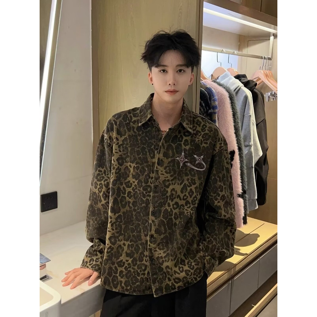 Jaket Bergaya Bordir Kemeja Denim Cetakan Macan Tutul