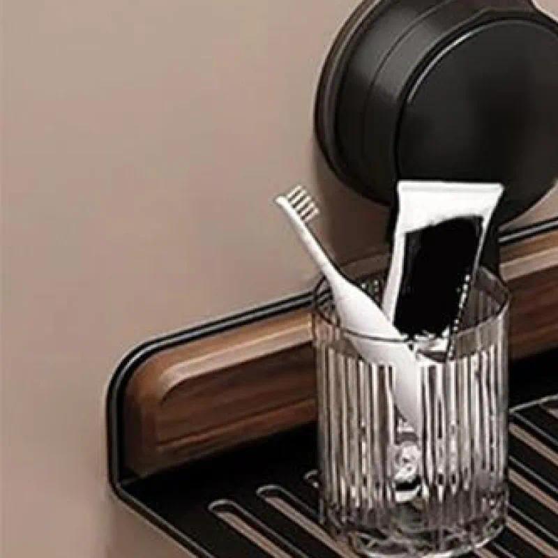 Walnut Suction Cup Bathroom Shelf No Drilling Wall Mounted Sink Shelf Over Faucet Sink Rack for Bath