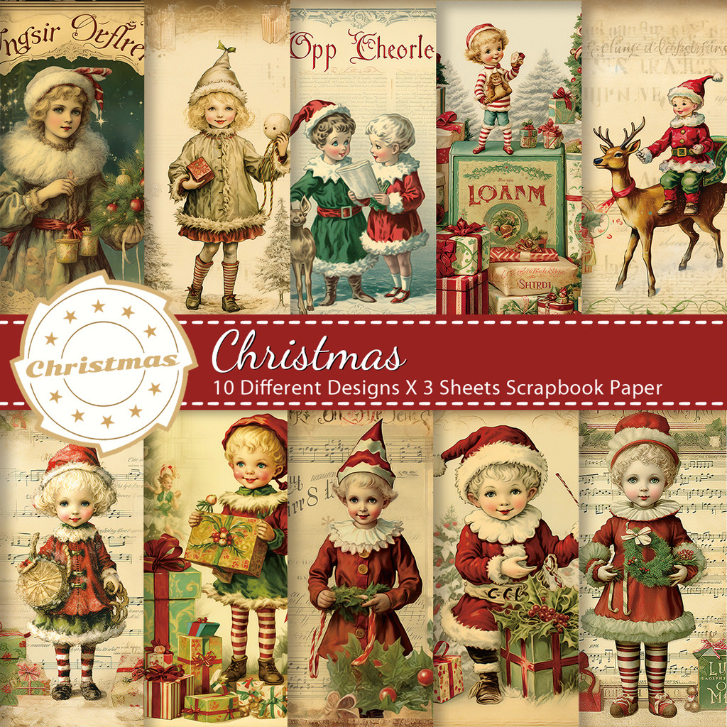 

30pcs​ Vintage ristmas Scrapbook Paper-Reindeer Music Notes Design,Craft Journal Background Paper Decor,Gifts Packaging Paper