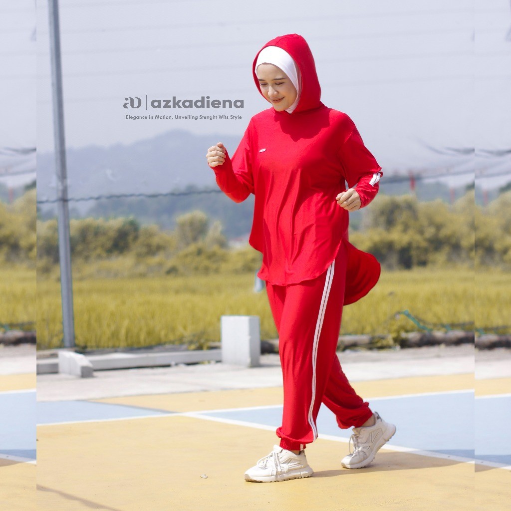 RUBANGRAU   Azkadiena baju setelan olah raga wanita muslimah plus jilbab,baju senam hut ri merah put