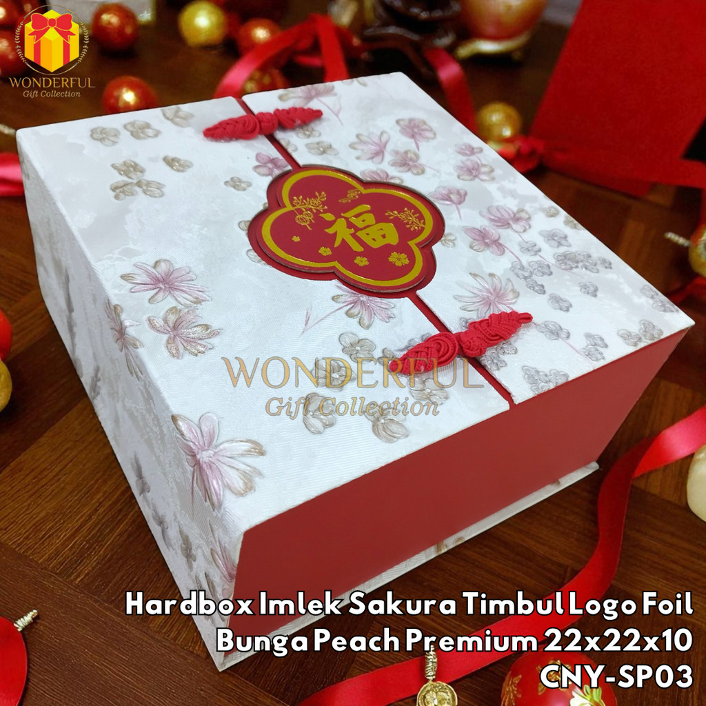 

Hardbox Imlek Sakura Timbul Logo Foil Bunga Peach Premium 22x22x10 CNY-SP03
