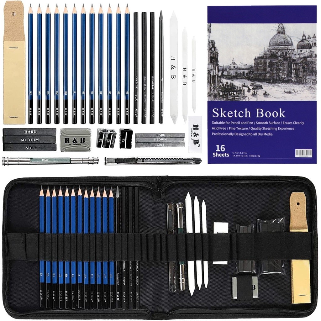 

New Set kuas lukis, 33 buah Set peralatan lengkap dapat dilipat untuk sketsa dan melukis kerajinan tangan, perlengkapan belajar melukisPremium