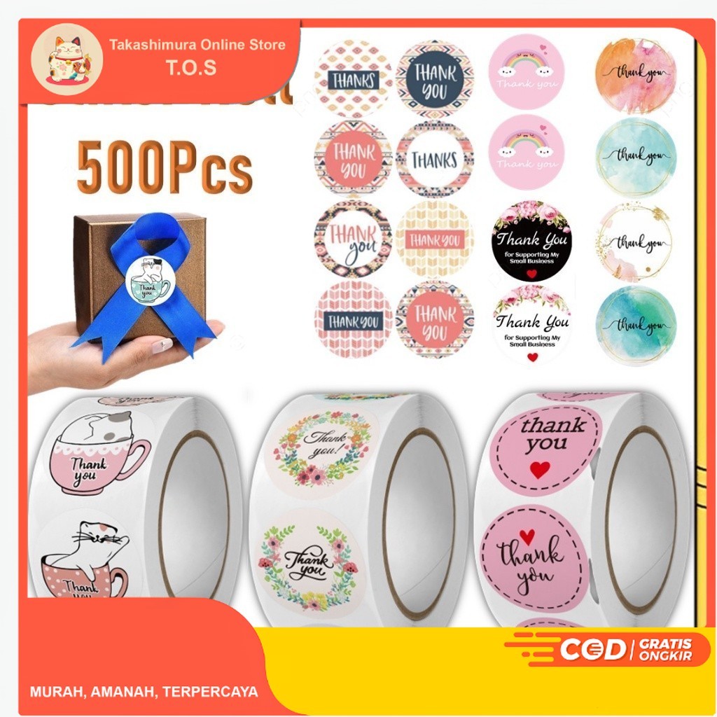 STICKER THANK YOU ROLL ISI 500 PCS STIKER TERIMA KASIH WARNA MOTIF LUCU