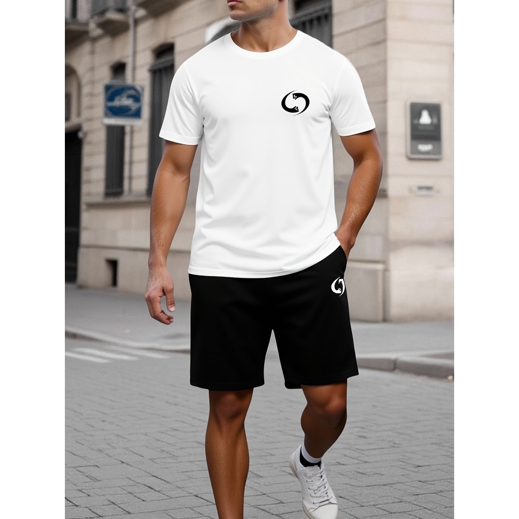 Set Atletik Kasual Pria - Kaos Putih dengan Logo Yin Yang Hitam, Celana Pendek Hitam dengan Logo Put