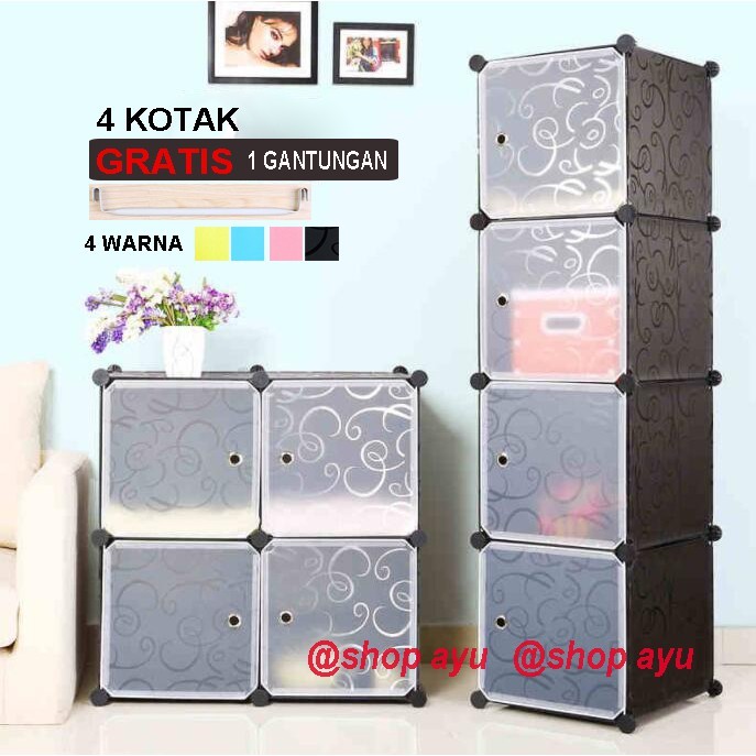 GERISAL Lemari plastik lemari pakaian rak serbaguna susun lemari baju 4 pintu+1 gantungan