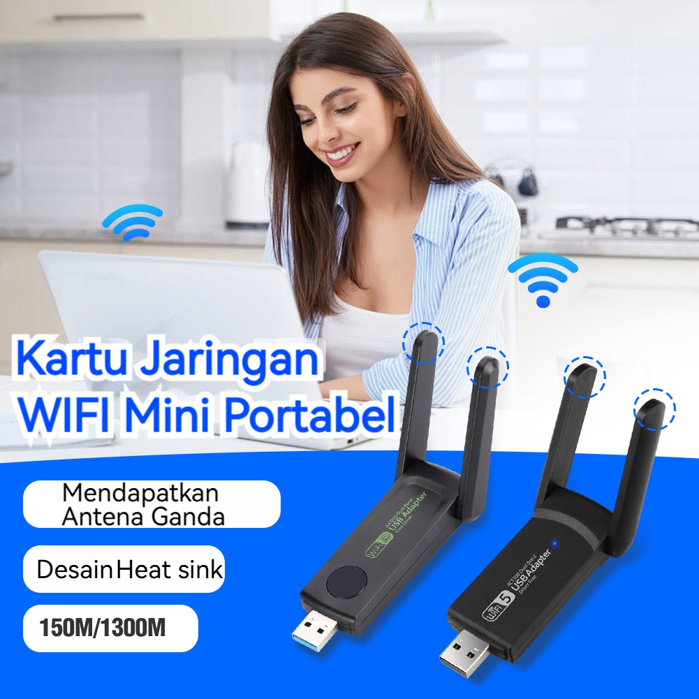 Adaptor WiFi USB 1300Mbps, Adaptor USB Nirkabel Dual Band 2.4/5.8 GHz /Dongle/Receiver