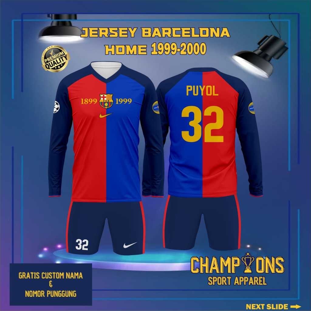 Jersey Klub BARCELONA HOME 1999-2000 Retro Lengan Panjang Liga Champions UEFA, Berbahan Dryfit Full 