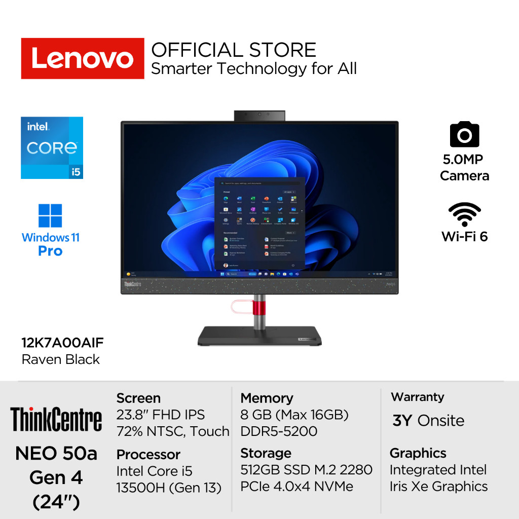 Lenovo PC AIO ThinkCentre Neo 50a Gen 4 0AIF Touch Intel Core i5 13500H Win11 Pro 8GB 512GB SSD PCIe