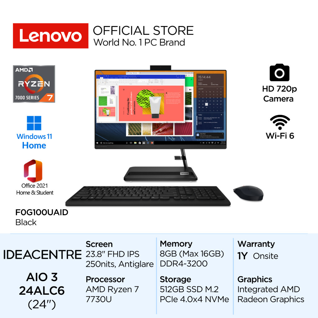 Lenovo PC IdeaCentre AIO 3 24ALC6 UAID AMD Ryzen 7 7730U Win11 Home 8GB DDR4 512GB SSD 23.8" FHD IPS