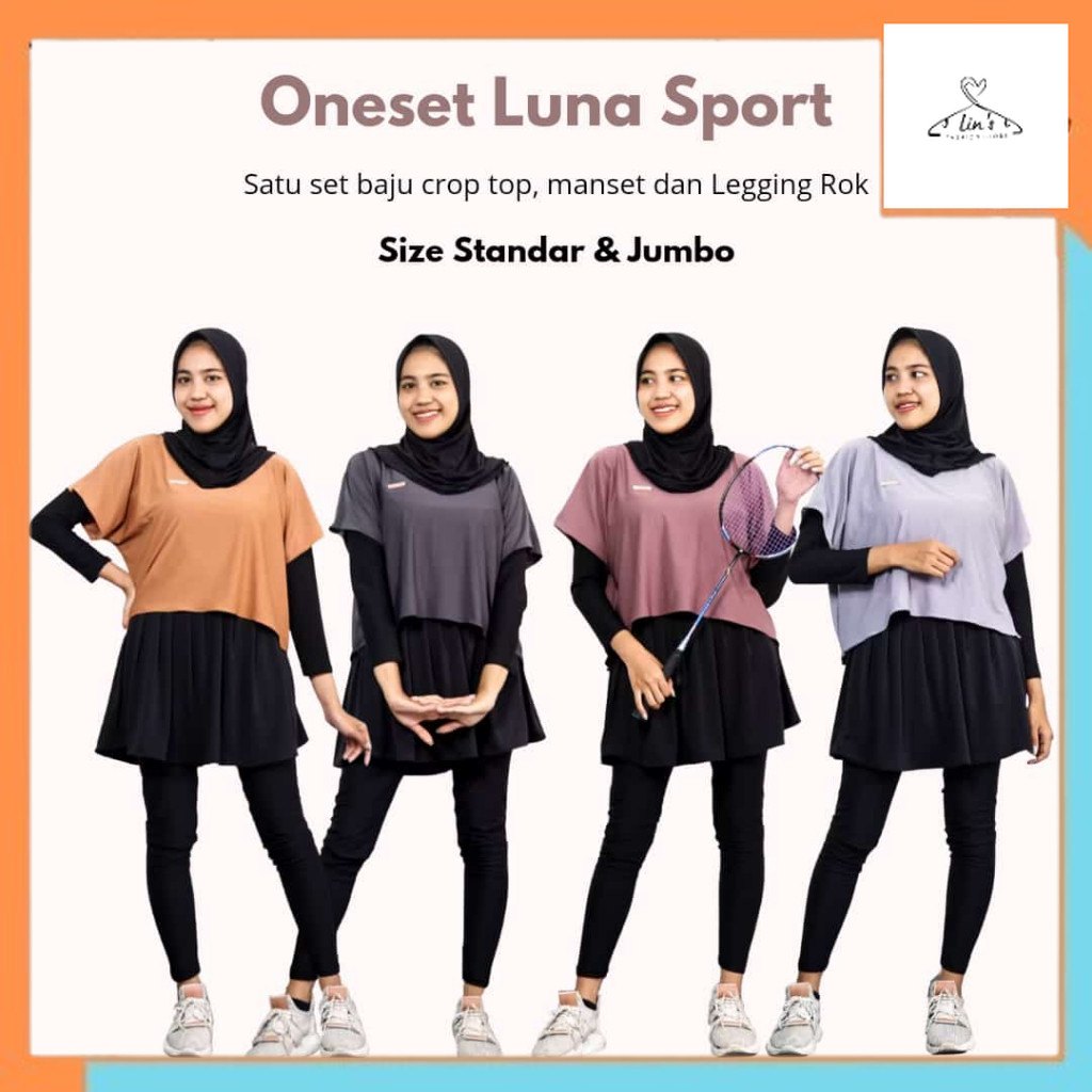 Outfit olahraga Setelan Baju Olahraga Wanita Oneset Luna Sport Crop Top Legging Rok Manset Model 3 i