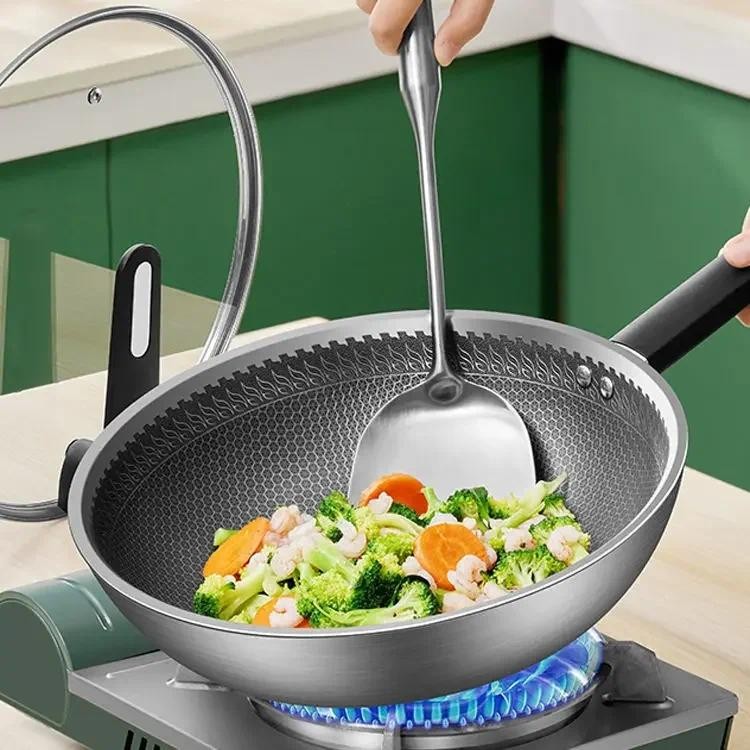 Stainless steel stir fry pan, non stick pan, household stir fry pan, flat bottomed pan, gas electric