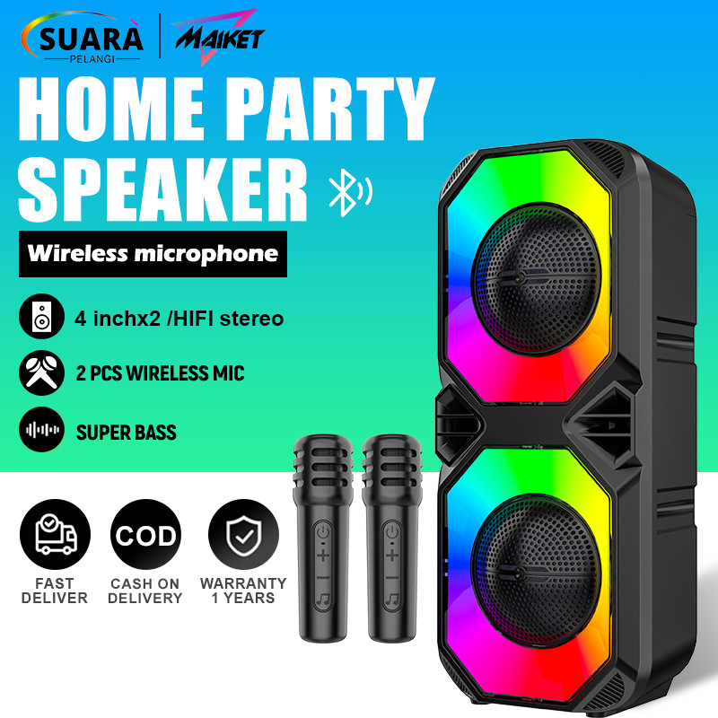 MAIKET Speaker Bluetooth Karaoke Besar Super Bass With Two free Wireless mic Origina Portable salon 