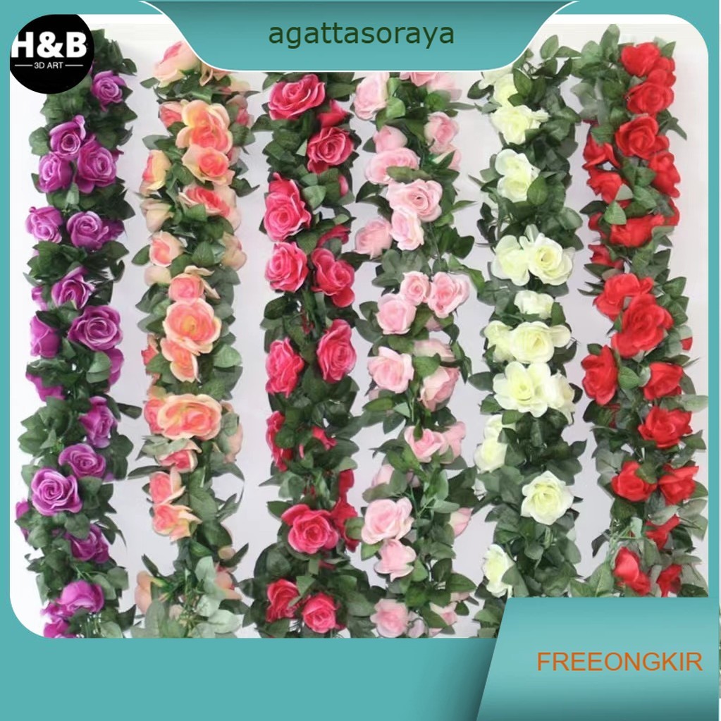 2.3m Bunga Rambat Hias Rose Ornamen Tanaman Flower Bunga plastik Buatan Hias Dekorasi / Bunga gantun